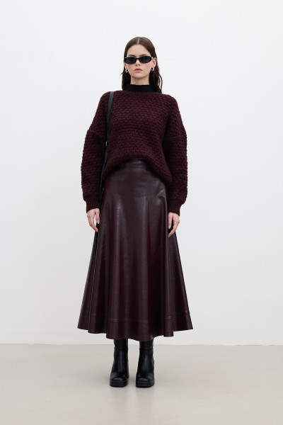 GENİŞ KESİM DERİ ETEK BORDO 
