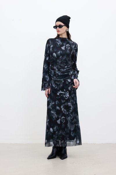 DESENLİ GENİŞ KOL TÜL ELBİSE SİYAH 