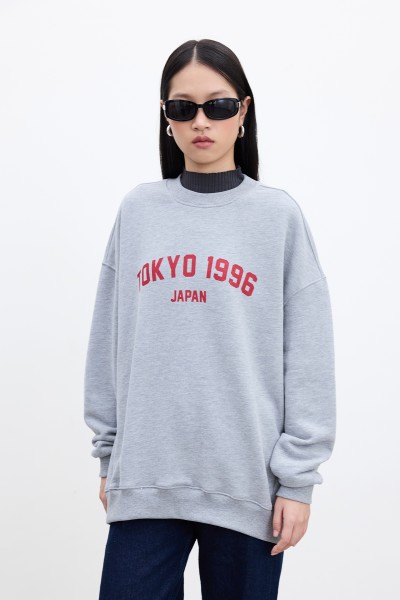 OVERSIZE SWEATSHIRT GRAY MELANGE WITH PRINT DETAIL 
