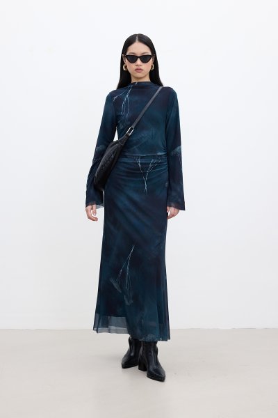 DESENLİ GENİŞ KOL TÜL ELBİSE DERİN YEŞİL 