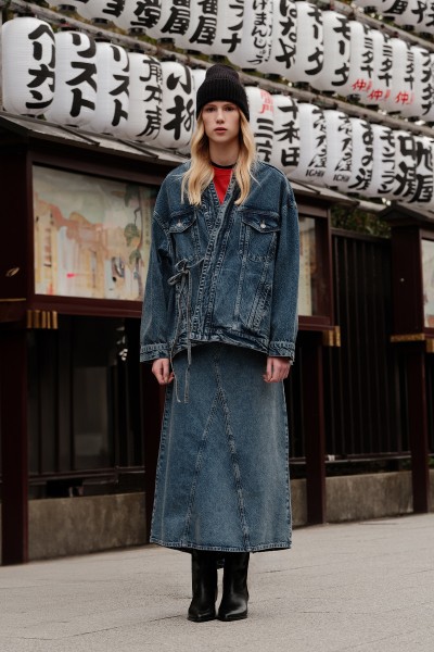 ETEK UCU VOLANLI DENİM ETEK MAVİ 