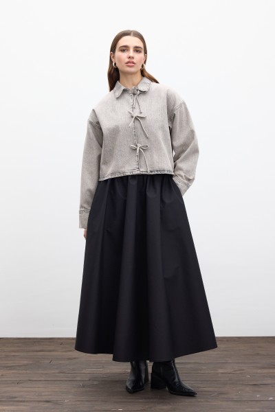 BAĞCIKLI DENİM BLUZ ANTRASİT 