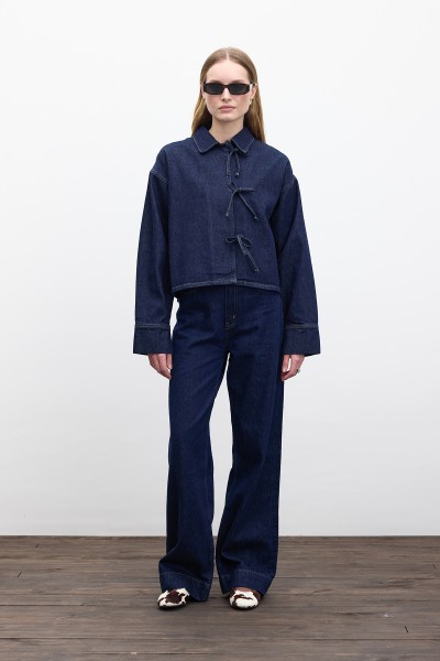 BAĞCIKLI DENİM BLUZ DERİN MAVİ 