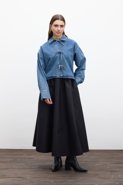 BAĞCIKLI DENİM BLUZ MAVİ 