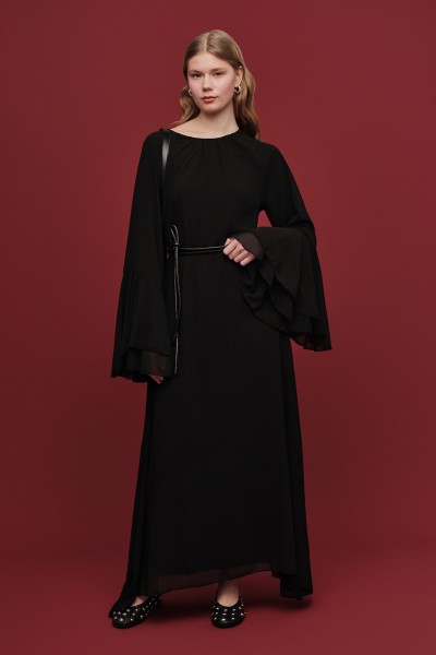 ŞİFON VOLANLI ELBİSE SİYAH 