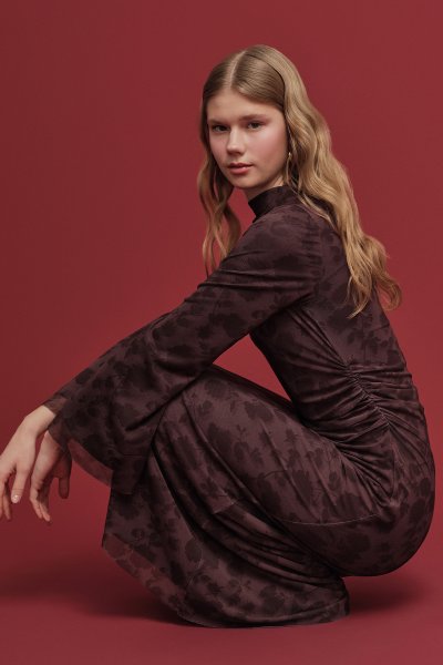 DESENLİ GENİŞ KOL TÜL ELBİSE ASTER 