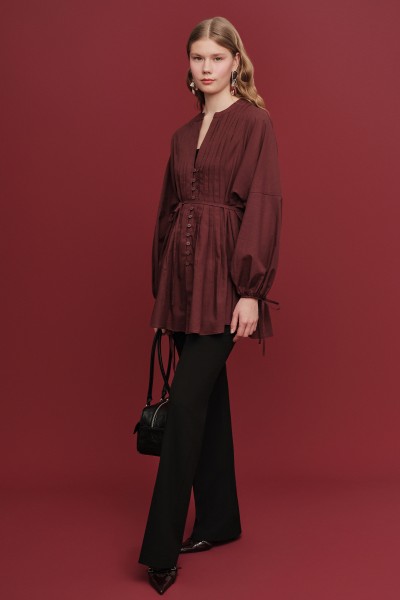 RIBBED DETAILED VOILE TUNIC CLARET RED 