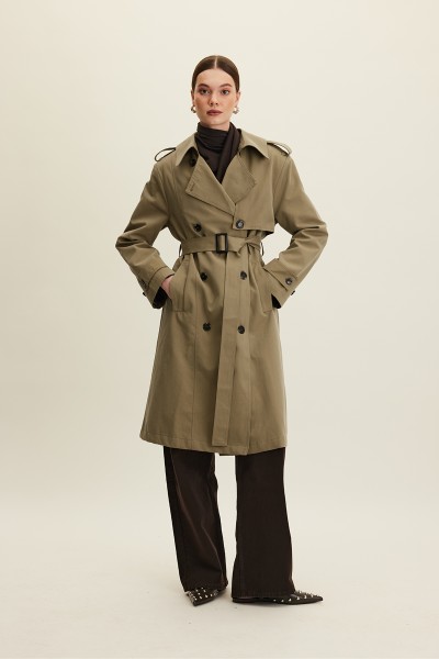 ANIKA DOUBLE BREASTED BELTED TRENCH COAT KHAKI 