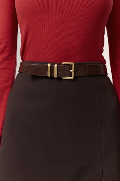 SQUARE METAL BUCKLE BELT BROWN 