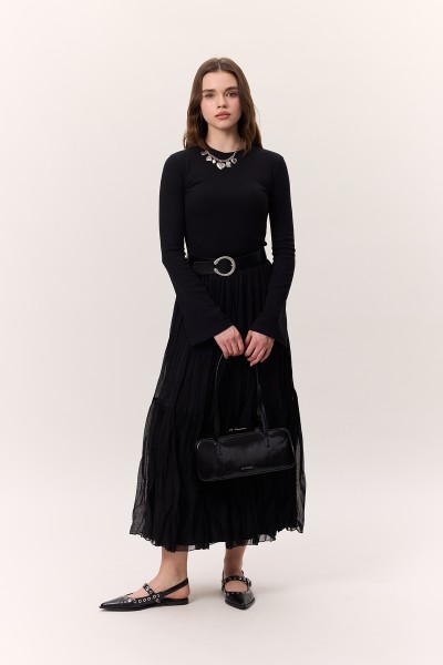 CRUSH PİLİSELİ UZUN ETEK SİYAH 