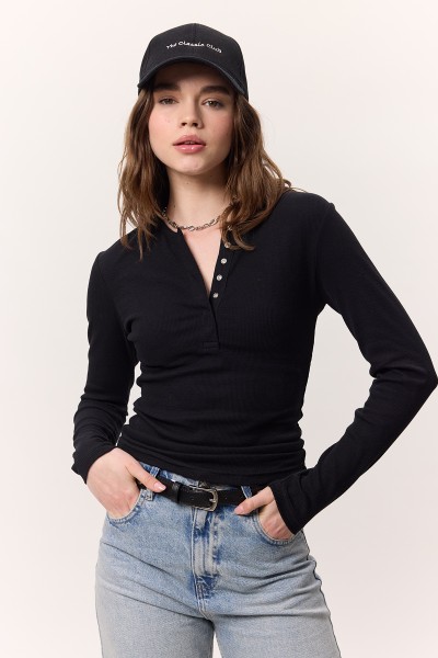 UZUN KOLLU YAKASI ÇITÇITLI BODY SİYAH 