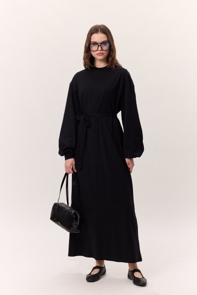 BALON KOLLU UZUN RAHAT ELBİSE SİYAH 