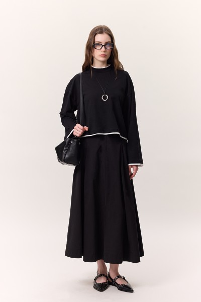 WIDE SKIRT WITH POCKET DETAILS, BLACK 