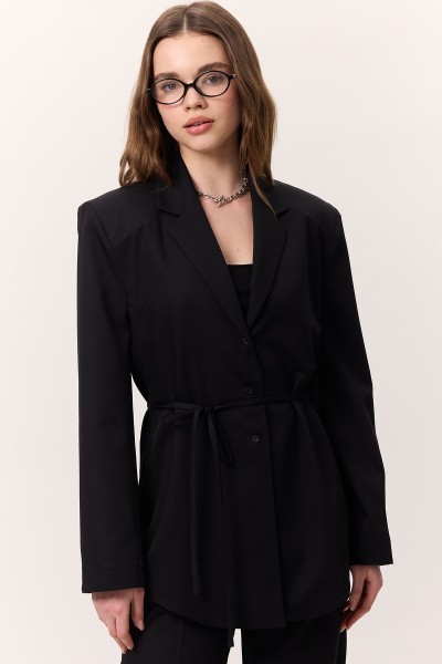 BELT BUTTONED BLAZER JACKET BLACK 