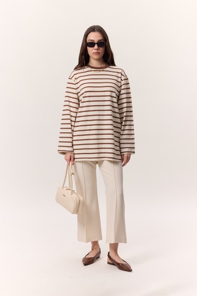 STRIPED LONG OVERSIZE TSHIRT BROWN 