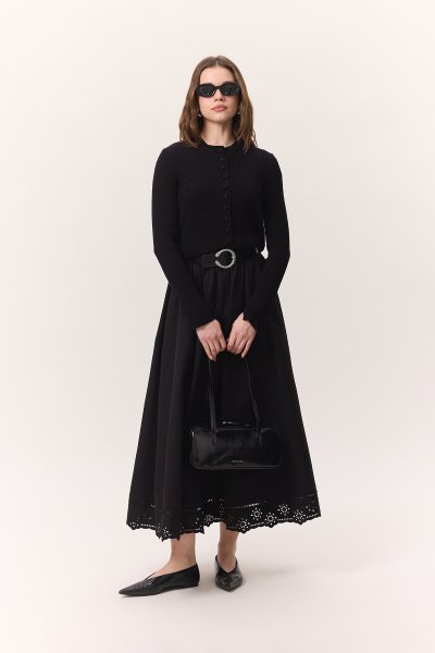 EMBROIDERY DETAIL WIDE SKIRT BLACK 