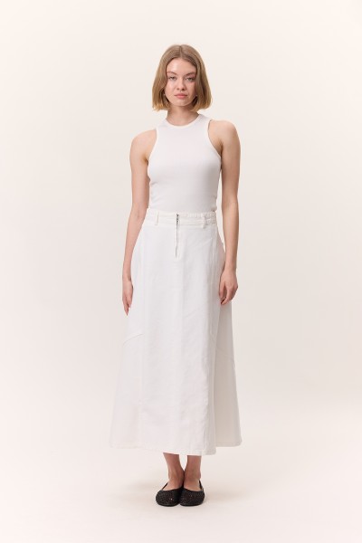 VOLANLI DENİM ETEK EKRU 