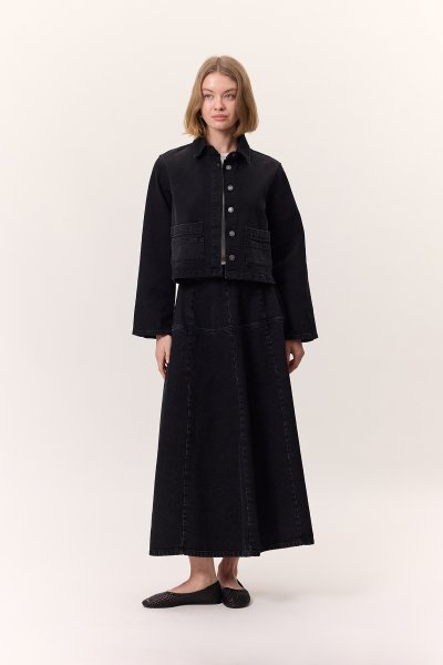 GENİŞ BÜZGÜLÜ DENİM ETEK SİYAH 