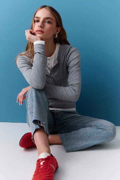 UZUN KOLLU YAKASI ÇITÇITLI BODY GRİ MELANJ 