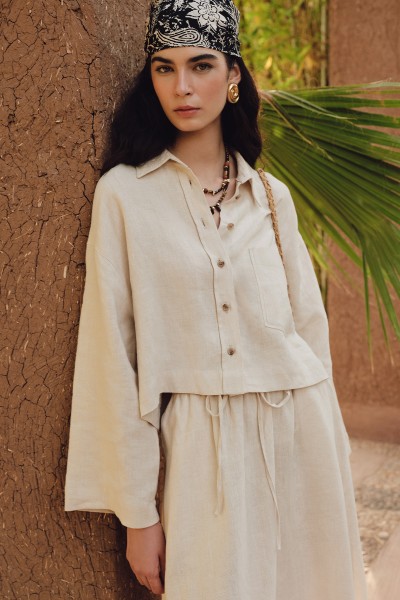 LINEN LONG SLEEVE CROP SHIRT BEIGE 