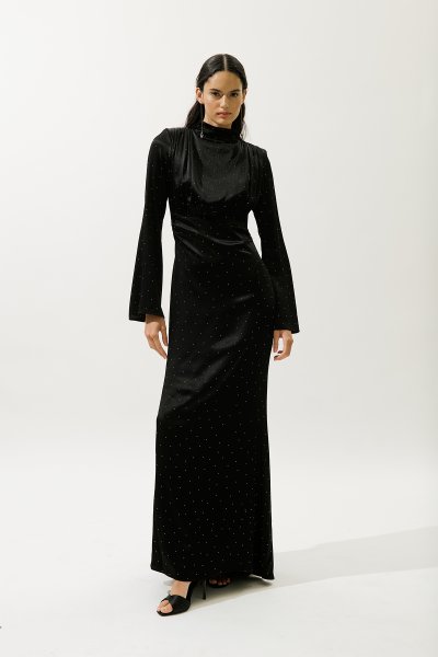 MILA TAŞLI ABİYE ELBİSE SİYAH 