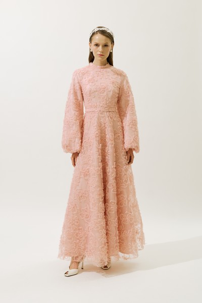 KABARIK ÇİÇEKLİ UZUN KOL ABİYE ELBİSE PUDRA 