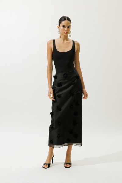 FLORAL APPLIQUE PENCIL SKIRT BLACK 