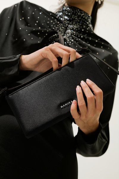 SATIN MINI BAGUETTE EVENING BAG BLACK 