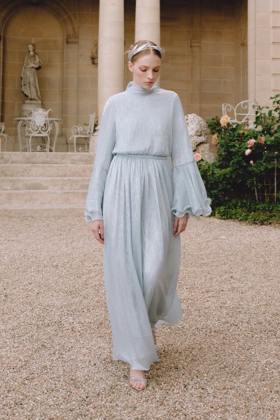 GENİŞ KOL VOLANLI ELBİSE MAVİ 