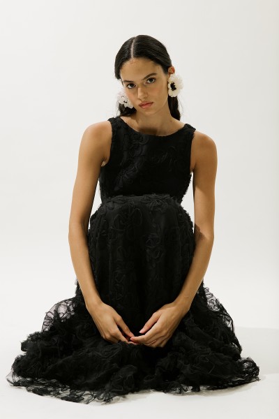 KABARIK ÇİÇEKLİ ABİYE ELBİSE SİYAH 