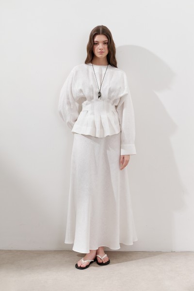 KETEN KRUVAZE BAĞLAMALI BLUZ EKRU 