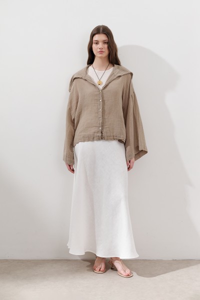 LINEN BLEND WIDE COLLAR SHIRT KHAKI 