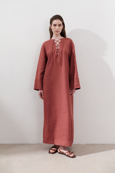 KETEN BAĞLAMA DETAYLI ELBİSE KİREMİT 