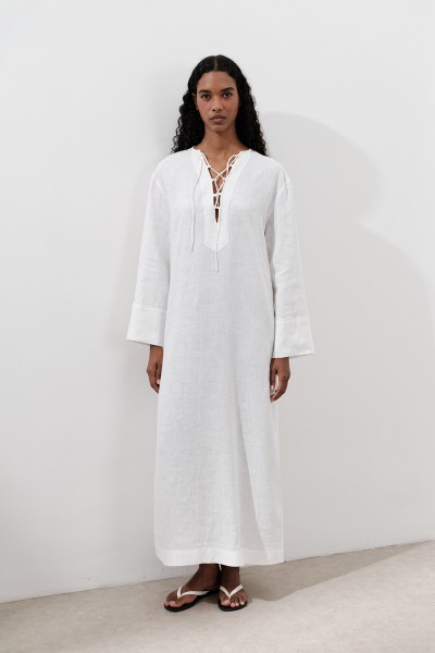 KETEN BAĞLAMA DETAYLI ELBİSE EKRU 