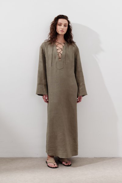 KETEN BAĞLAMA DETAYLI ELBİSE HAKİ 