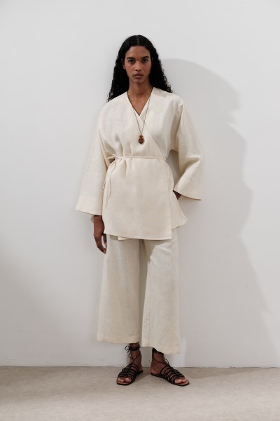 KETEN KRUVAZE KAPAMA KİMONO VANİLYA 