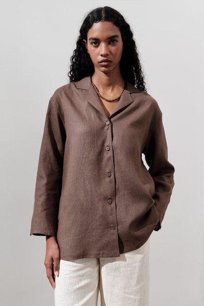 LINEN WIDE SLEEVE SHIRT DUSTY BROWN 