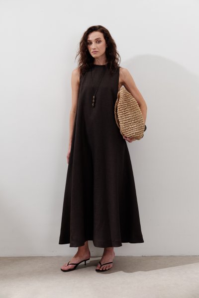 KETEN BÜZGÜLÜ GENİŞ ELBİSE ACI KAHVE 