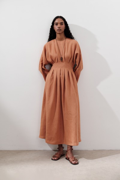 LINEN PLEATED DETAILED DRESS ORANGE 