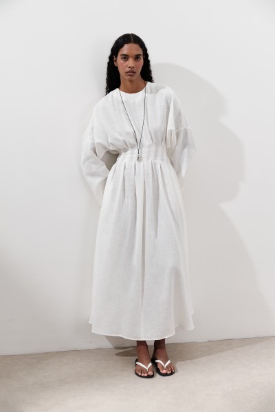 KETEN PİLE DETAYLI ELBİSE EKRU 