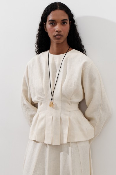 LINEN DOUBLE BREASTED TIE BLOUSE VANILLA 