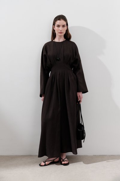 LINEN PLEATED DETAILED DRESS DARK BROWN 