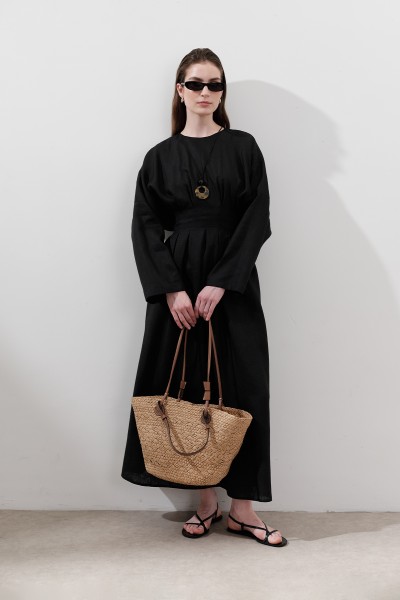 LINEN PLEATED DETAILED DRESS BLACK 