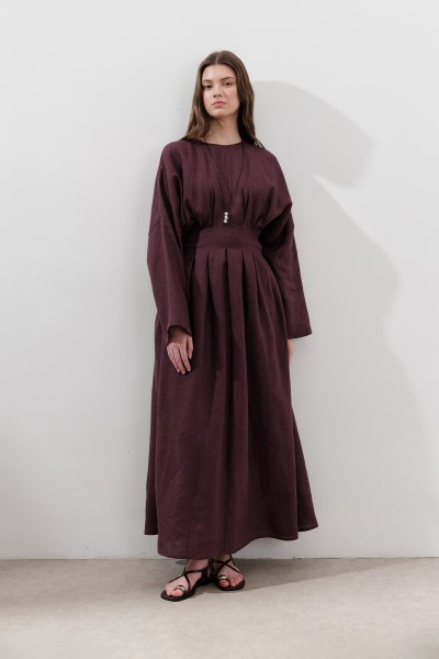 LINEN PLEATED DETAILED DRESS PLUM 
