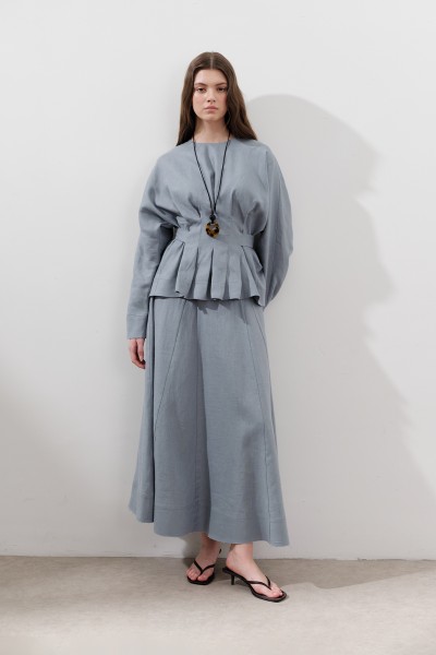 KETEN GENİŞ PARÇALI ETEK MAVİ 