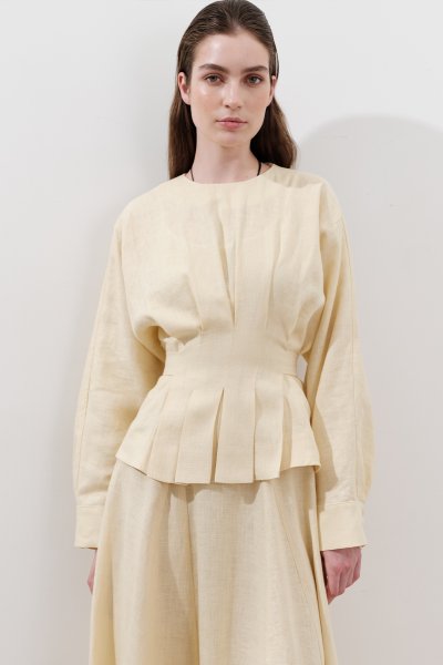 LINEN DOUBLE BREASTED TIE BLOUSE YELLOW 