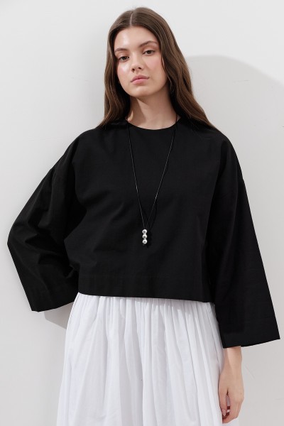 PAMUKLU CROP UZUN KOL BLUZ SİYAH 
