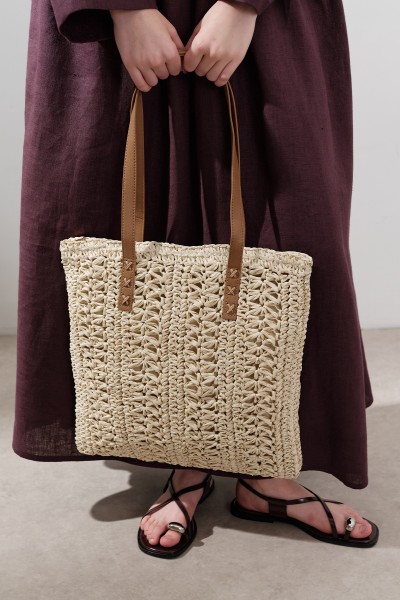 PATTERNED WICKER SHOULDER BAG BEIGE 