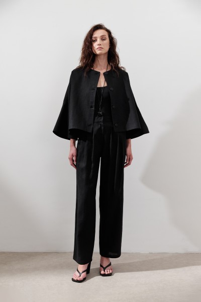 LINEN PLEATED WIDE TROUSERS BLACK 