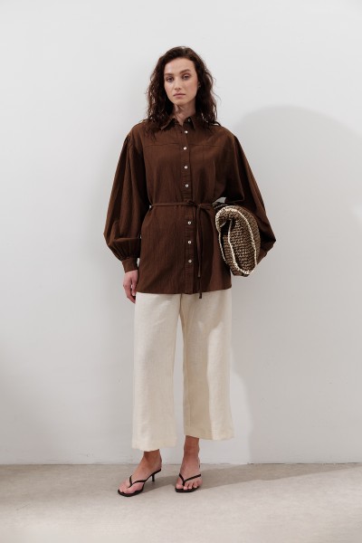 COTTON BALLOON SLEEVE SHIRT BROWN 
